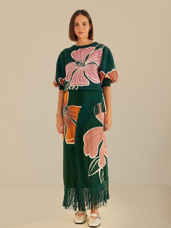 FARM Rio Dresses & Skirts - Farm Rio: Green Honolulu Flowers Fringe
Maxi Skirt